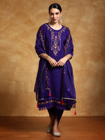 Varanga Women Floral Motif Thread Embroidered Yoke Kurta with Trouser & Dupatta
